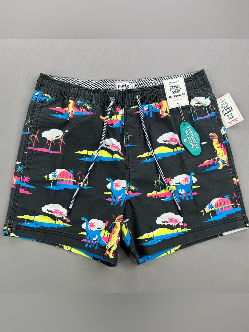 PARTY PANTS MENS COACHELLA RETRO VINTAGE DINOSAUR ATHLETIC SWIM TRUNKS